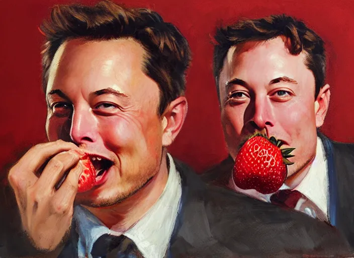 Prompt: a highly detailed beautiful portrait of elon musk with a strawberry, by gregory manchess, james gurney, james jean