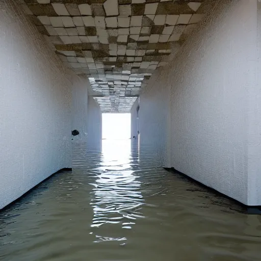 Prompt: photo of a vast interior space of irregular rooms and corridors, bizarre architecture. ceramic white tiles on all the walls. the floor is flooded with one meter deep water. eerie