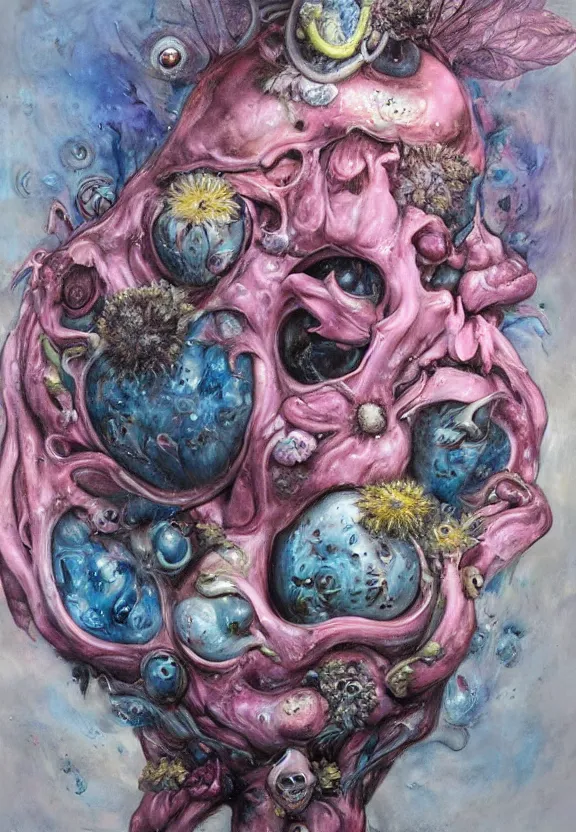 Image similar to a biomorphic painting of a vase with flowers and eyeballs, a surrealist painting by marco mazzoni, by dorothea tanning, pastel blues and pinks, lips, melting, plastic, skull, bees, trending on artstation, metaphysical painting, oil on canvas, fluid acrylic pour art, airbrush art, seapunk, rococo, lovecraftian