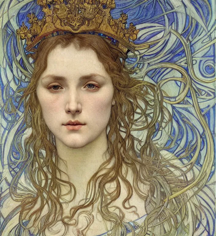 Image similar to detailed realistic beautiful young medieval queen face portrait by jean delville, alphonse mucha, vincent van gogh, and marco mazzoni, art nouveau, symbolist, visionary, gothic, pre - raphaelite