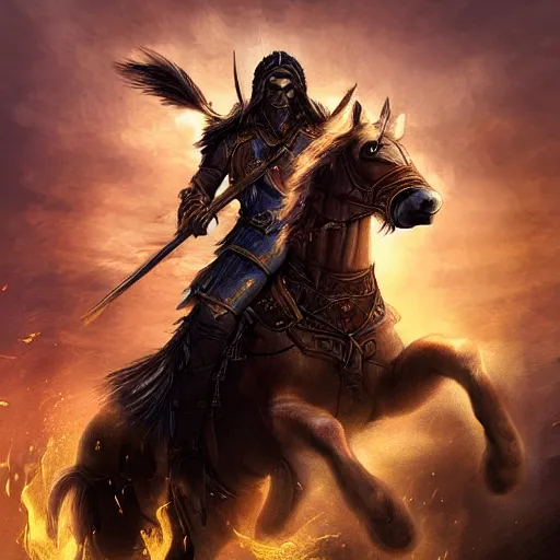 Prompt: epic digital painting of a warrior on a battle horse, eyes glowing, fantasy, sharp focus, highly detailed, cinematic