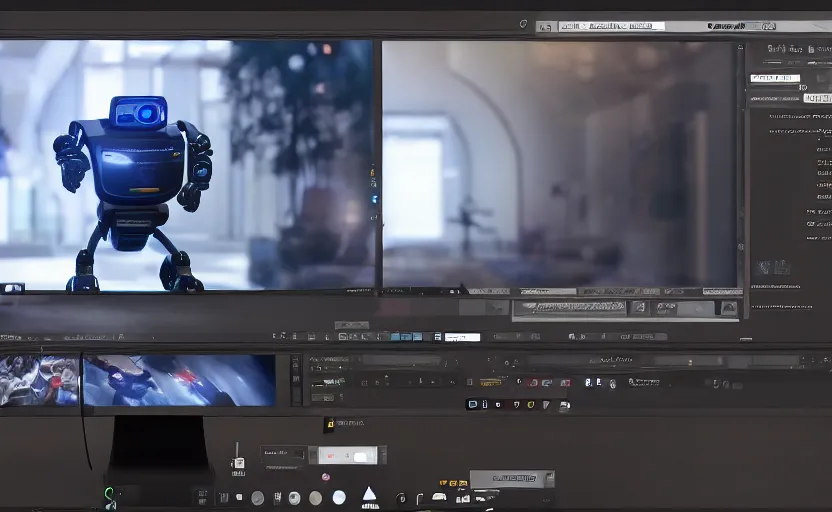 Image similar to a robot streaming on twitch while sitting on a chair and looking at his screen, unreal engine