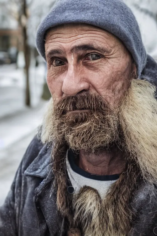 Image similar to Photo of Native Russian man Keeanu Reevees, portrait, skilled homeless, realistic, detailed, Keeanu Reevees, photorealistick, Sony A7R