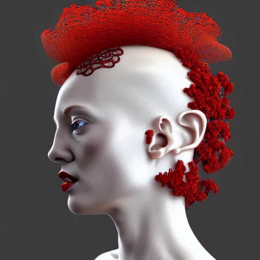 Prompt: complex 3d render ultra detailed of a beautiful stunning porcelain profile red headed woman face, biomechanical cyborg, analog, 150 mm lens, beautiful natural soft rim light, big leaves and stems, roots, fine foliage lace, silver white red details, massai warrior, Alexander Mcqueen high fashion haute couture, pearl earring, art nouveau fashion embroidered, steampunk, intricate details, mesh wire, mandelbrot fractal, anatomical, facial muscles, cable wires, microchip, elegant, hyper realistic, ultra detailed, octane render, H.R. Giger style, volumetric lighting, 8k post-production
