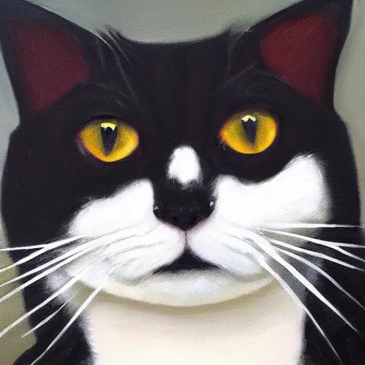 Prompt: portrait of a regal tuxedo cat, masterpiece, oil painting, trending on Artstation