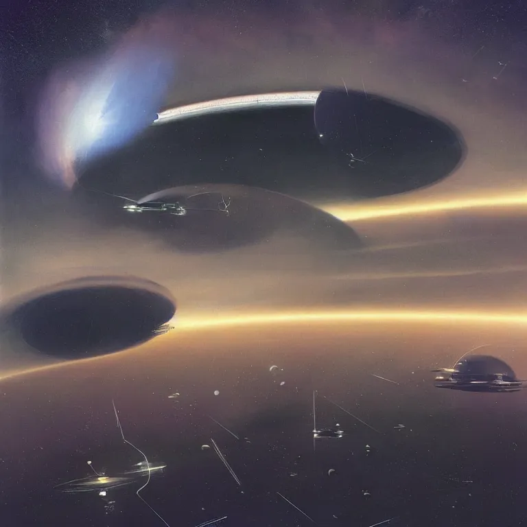 Prompt: “long umbrella shaped space stations above a wispy hazy cloudy atmosphere of the planet Venus against a dark starry sky, sci-fi concept art, by John Harris, by John Berkey, 8k beautiful image, highly detailed painting”