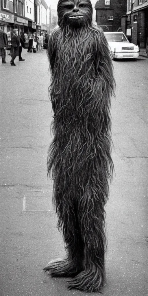 Image similar to 1 9 8 0 ies photo of chewbacca standing on the streets of rochester, england