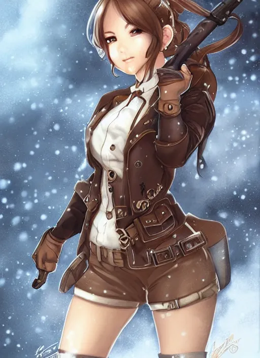 Image similar to girl with steampunk weapons and uniform, serious, intense, finely detailed, made by artgerm, ross tran, full body portrait, illustration, snow, snowing, cloudy, anime, side view, perfect anime face, realistic face, zoomed out, smooth, brown eyes, high waisted shorts