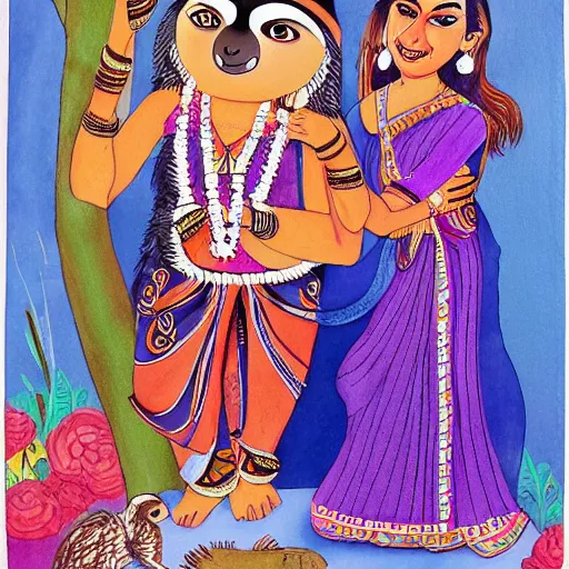 Prompt: beautiful indian woman and cute sloth investigate crime together, illustrated, children's book, high detail cartoon, colourful, watercolour