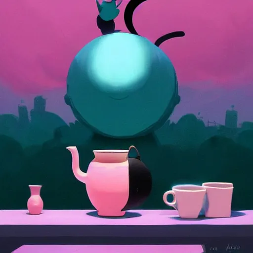 Image similar to cheshire cat drinking tea, in the style of atey ghailan and james gilleard and goro fujita, exquisite lighting, art, very coherent, trending on artstation