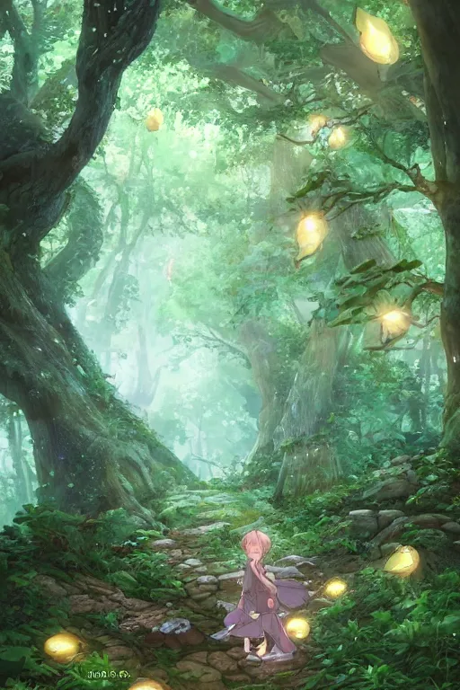 Image similar to forest path, fairy, beautiful ancient trees, hiding large treasure chest, glowing fireflies, serene evening atmosphere, soft lens, soft light, cel - shading, animation, in the style of cgsociety, deviantart, artstation, zbrush, cinema 4 d, studio ghibli, akihiko yoshida, atelier lulua, masamune shirow