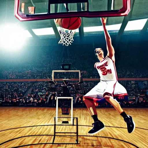 Image similar to film still of a llama in a jersey dunking a basketball, low angle, show from below, tilted frame, 3 5 °, dutch angle, extreme long shot, high detail, indoors, dramatic backlighting.