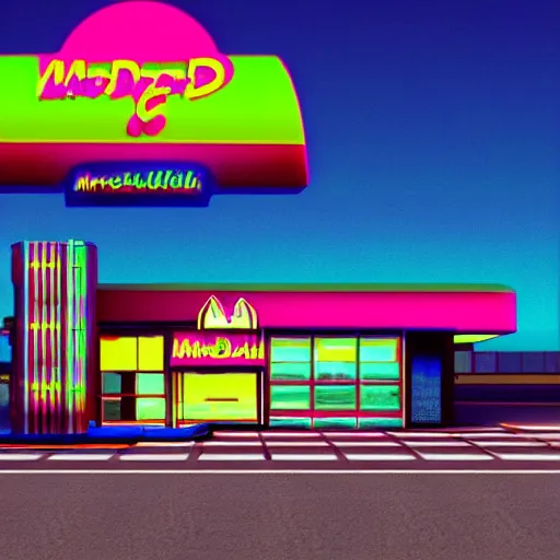 Prompt: 80s vaporwave outrun 3d Render of a mcdonalds, liminal space retro, grainy, noisy