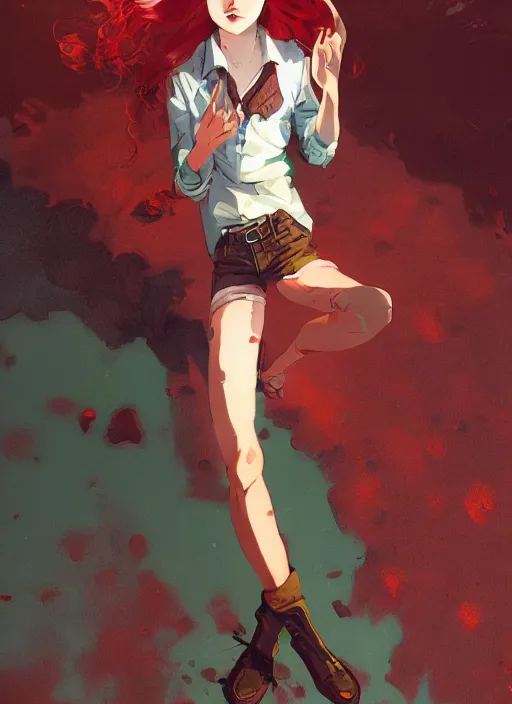 Prompt: full - body shot of an attractive tomboy girl with long, crimson red hair and red eyes, wearing a brown, open jacket and green jeans with a stern look, concept art, character design, by wlop, by ross draws, by tomine, by satoshi kon, by rolf armstrong, by peter andrew jones, beksinski