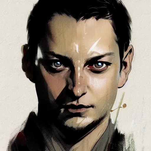 Image similar to portrait of Tobey Maguire, dramatic lighting, anime illustration by Greg rutkowski, yoji shinkawa, 4k, digital art, concept art, trending on artstation, アニメ, featured on pixiv