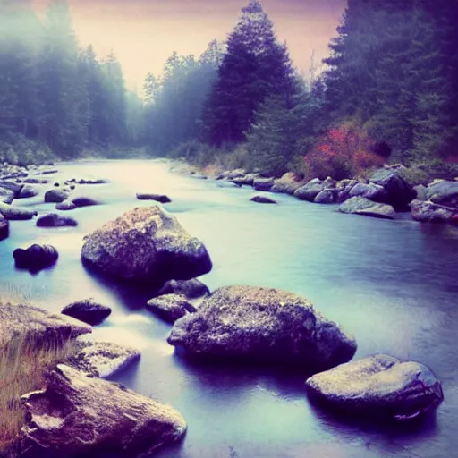 Image similar to a beautiful landscape, river, rocks, trees, by greg rutkowsi, glitch, glitchy