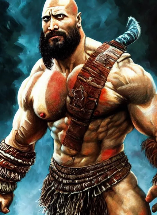 Prompt: a highly detailed beautiful portrait of dwayne johnson kratos hybrid god of war, spartan warrior, olympian god, muscular!!, james gurney, frank frazetta, boris vallejo, octane, fantasy