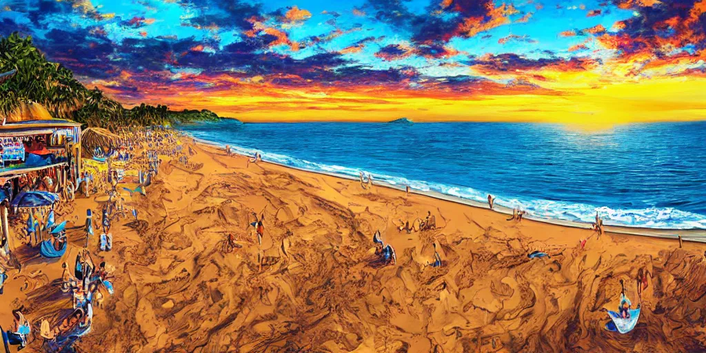 Prompt: People in beach, beach is between the two valleys, by Salvador Dali and Bob Ross collaboration, sun set, digital art, high details, drone wide shot