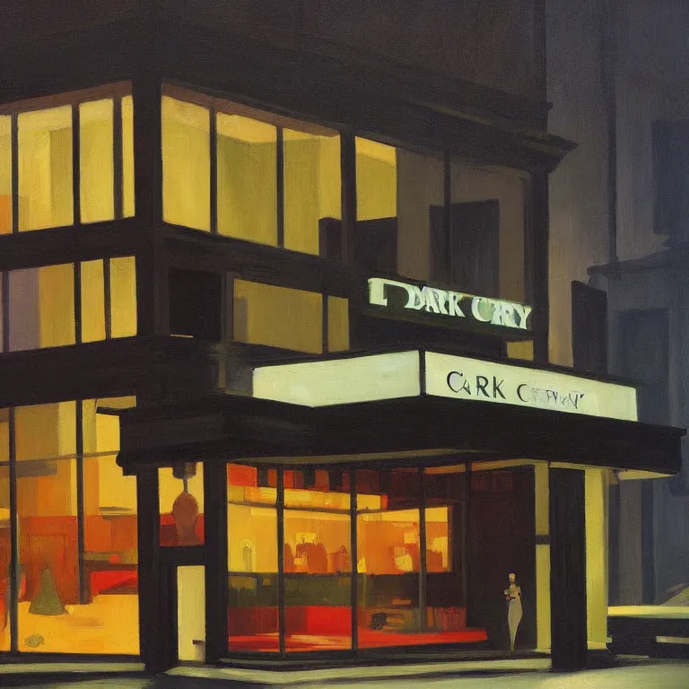 Prompt: dark city all stores closed, except one store glowing inside between dark closed stores, painted by Edward Hopper and James Gilleard, oil painting