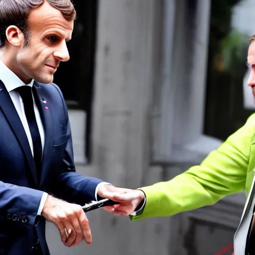 Image similar to macron smoking a hand - rolled cigarette next to a mercedes