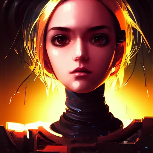 Image similar to A comic potrait of a cyberpunk cyborg girl with big and cute eyes, fine-face, realistic shaded perfect face, fine details. Night setting. Very anime style. Realistic shaded lighting poster by Ilya Kuvshinov katsuhiro, magali villeneuve, artgerm, Jeremy Lipkin and Michael Garmash, Rob Rey and Kentarõ Miura style, trending on art station