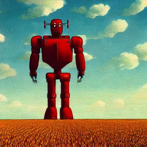 Prompt: a giant red robot walking in a wheat field by hayao miyazaki