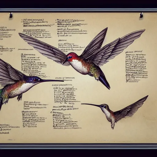 Prompt: full page scan of 1400s detailed hummingbird concept art, architectural section, plan drawing, page, paper, parchment, papyrus, fantasy, horror, occult, diagram, informative texts, graphs, notes, scribbles, hummingbird bird anatomy anatomical, blur