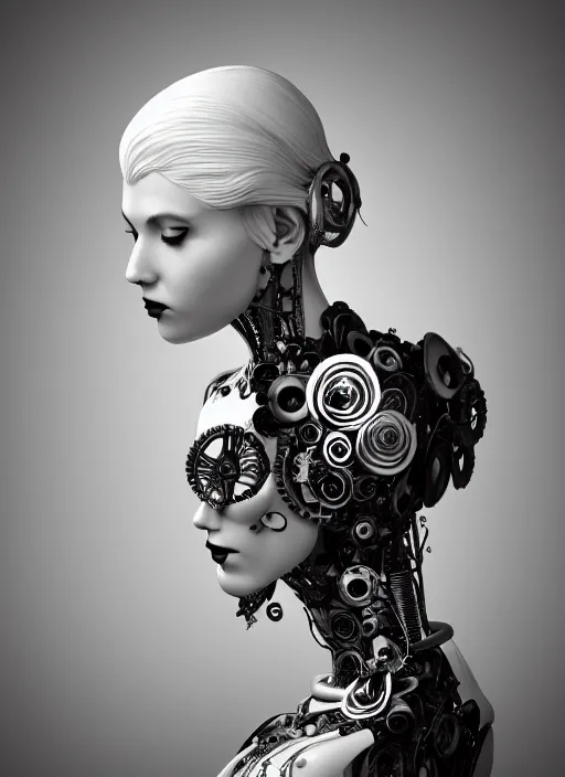 Image similar to black and white dreamy foggy poetic smoky profile face portrait, one silver steampunk realistic eye biomechanical beautiful angelic young female cyborg - robot bust, body ribs meshes,, volumetric light, hibiscus flowers, rim light, big gothic fashion pearl embroidered collar, 1 9 3 0, 8 k