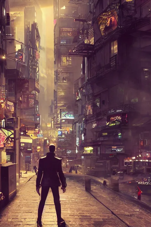 Prompt: in the foreground a Parisian street, in the background a dark-haired man from behind wearing a long matrix style jacket and starting to fly away, realistic, high definition, great detail, dramatic scene, detailed and realistic hands, symmetrical face, realistic eyes, cyberpunk art 2077