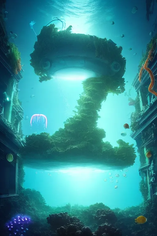 Image similar to high quality photo of cinematic underwater dystopian cyber - rococo city ruins with giant bioluminescent colorful mutant plants and cyborg jellyfish, digital art masterpiece, aykut aydogdu eric zener, dramatic volumetric light, extreme long shot, ground angle uhd 8 k, deep focus