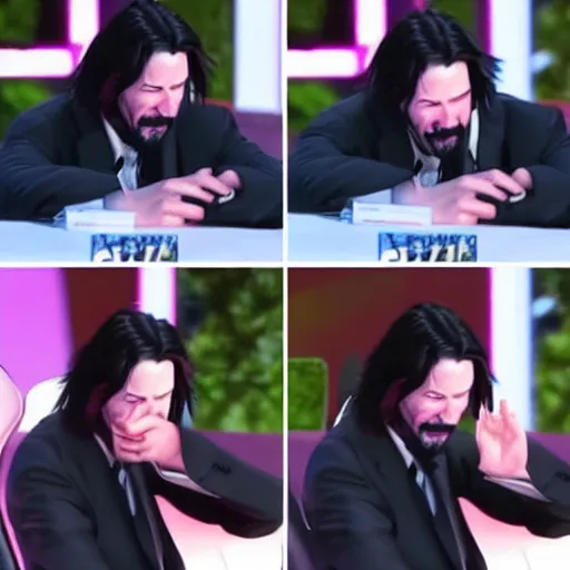 Image similar to Keanu Reeves facepalming over how bad Cyberpunk 2077 was