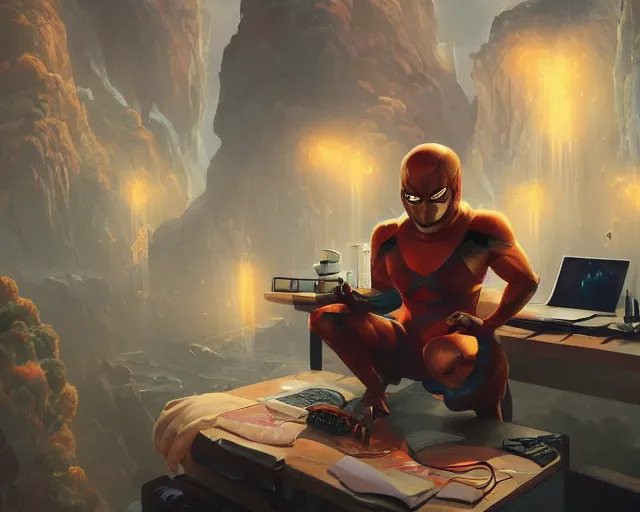 Image similar to an insanely detailed painting of an asian man wearing a homemade superhero costume, sitting at a desk, staring at the nervously at the computer and typing, in the style of peter mohrbacher, dramatic lighting and composition, surreal background, octane render, pixar, trending on artstation, concept art, comic book, view from behind