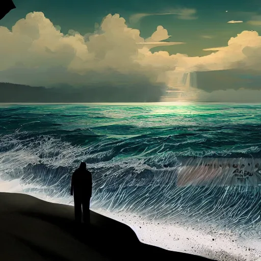 Image similar to A lone man at the beach watching the tsunami wave forming on the horizon, top post of /r/ConceptArt subreddit