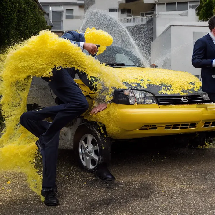 Prompt: a man wearing a suit ( ( washing ) ) a toyota corolla car with a yellow sponge!!!, canon eos c 3 0 0, ƒ 1. 8, 3 5 mm, 8 k, medium - format print