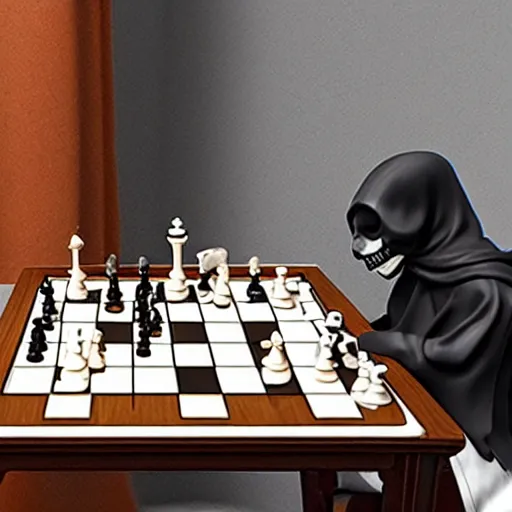 Prompt: grim reaper playing chess with cat 8 k, ultra realistic, unreal engine 5