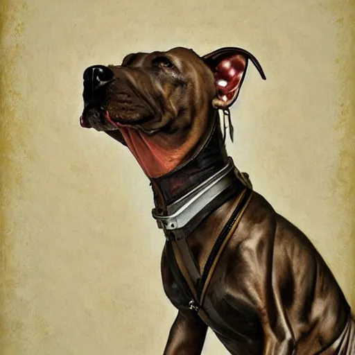 Image similar to a hyperrealistic painting of a steampunk pitbull dog, by john kenn mortensen, highly detailed,