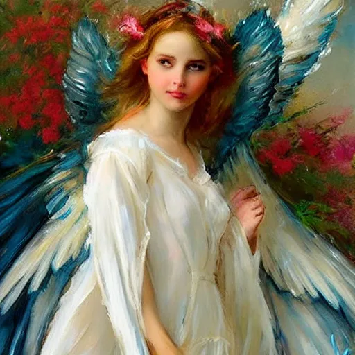 Prompt: a beautiful portrait of an angel with pretty face and her huge white wings spread out painted by gerhartz, highly detailed, beautiful illumination, graceful and elegant,.