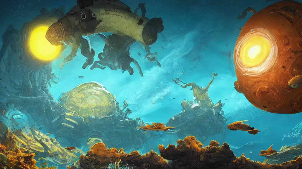 Prompt: An astronaut is under the sea, he has a big bright yellow egg, he is swimming away from the giant leviathan that is behind hunting him, the leavithan has bright red eyes, this is an extravagant planet with wacky wildlife and some mythical animals, the background is full of ancient ruins, the ambient is dark with a terrifying atmosphere, by Jordan Grimmer digital art, trending on Artstation,