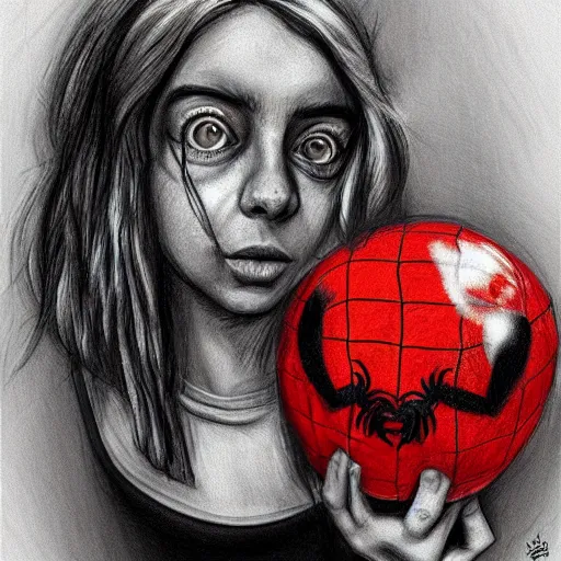 Image similar to surrealism grunge cartoon portrait sketch of billie eilish with a wide smile and a red balloon by - michael karcz, loony toons style, spider-man style, horror theme, detailed, elegant, intricate