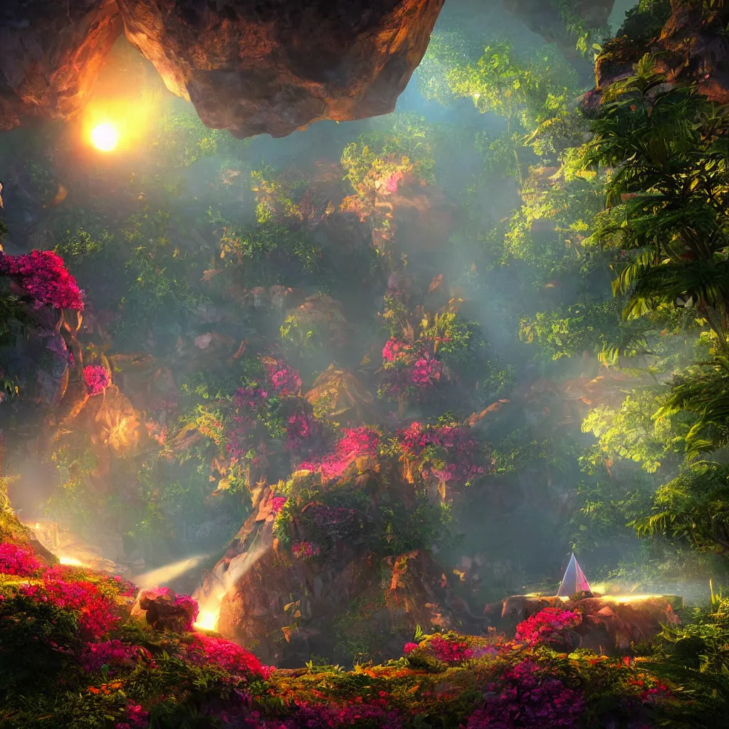 Image similar to a glowing crystal tetrahedron!!! in the middle of ancient ruins in a lush prehistoric jungle, inside a humongous cave, red and magenta flowers, sunset, godrays, orange sky, haze, waterfall, volumetric lighting, a beautiful and stunning digital render, photorealistic, unreal engine 5, ultra detail, trending on artstation