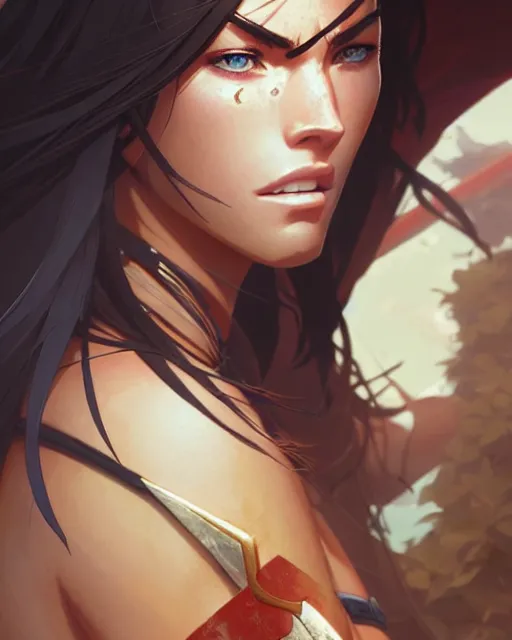 Image similar to azctec warrior, megan fox, detailed perfect face, exquisite details, fire magic, mid view, design on a white background, by studio muti, greg rutkowski makoto shinkai takashi takeuchi studio ghibli