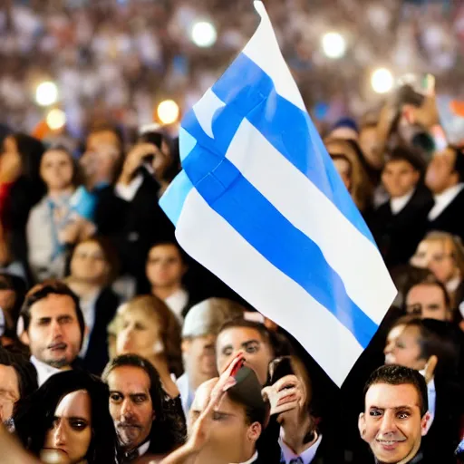 Image similar to Lady Gaga as president, Argentina presidential rally, Argentine flags behind, bokeh, giving a speech, detailed face, Argentina