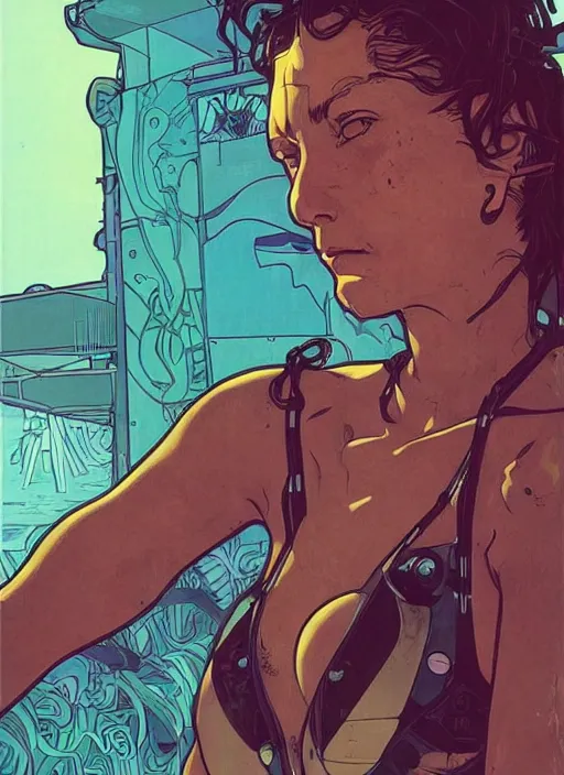 Prompt: cyberpunk beach lifeguard. swimsuit. portrait by ashley wood and alphonse mucha and laurie greasley and josan gonzalez and james gurney. splinter cell, apex legends, rb 6 s, hl 2, d & d, cyberpunk 2 0 7 7. realistic face. character clothing. vivid color. dystopian setting.