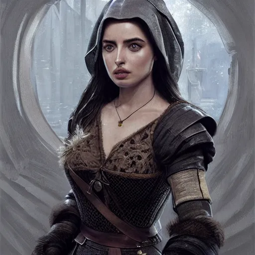 Image similar to ana de armas as tissaia de vries from the witcher show, urban motifs, intricate, elegant, highly detailed, digital painting, trending on artstation, concept art, smooth sharp focus, illustration, art by artgerm and greg rutkowski