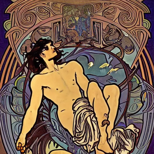 Prompt: prometheus creating humans in the style of alphonse mucha