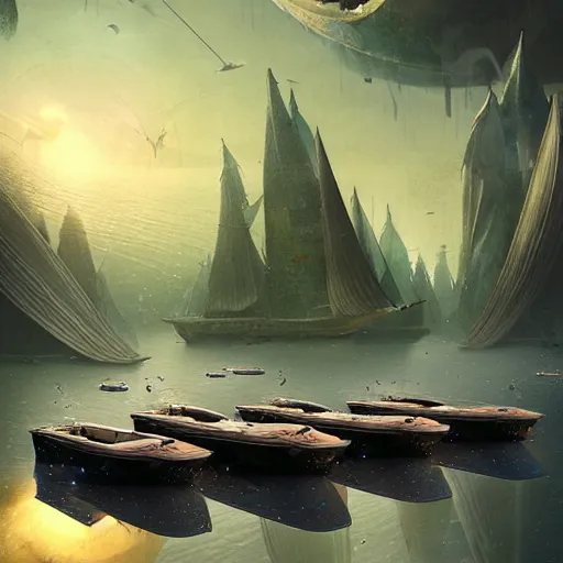 Image similar to a group of boats floating on top of a body of water, a detailed matte painting by yerkaland, cgsociety, metaphysical painting, matte painting, glitch art, dystopian art