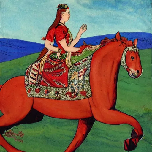 Image similar to The mixed mediart shows the heroine riding on a magnificent red horse. She is clad in a traditional Russian folk costume, complete with a brightly-colored headscarf. Her face is pale and beautiful, with a look of resolve in her eyes. Behind her, the horse's hooves churn up the earth as they gallop across the countryside. In the distance, the dark forest looms, its trees reaching up into the sky. scientific diagram by Jack Davis, by Zinaida Serebriakova amorphous