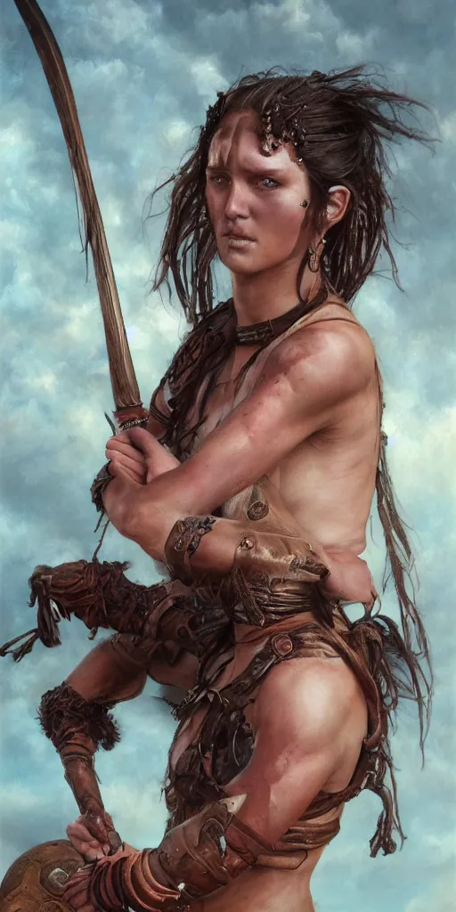 Prompt: beautiful warrior princess covered in sweat by gerald brom, photo realistic, 4 k,