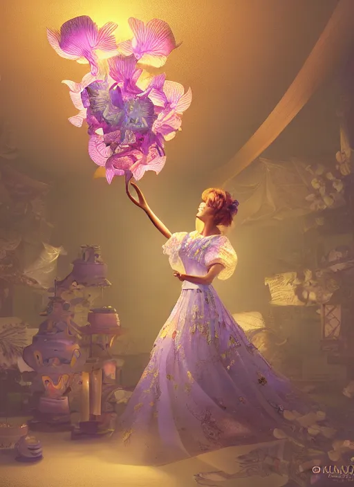 Image similar to japanese village with paper lanterns, angle view of anthropomorphic octopus woman wearing a flowing light lavendar couture dress with puffy sleeves made of paper, paper orchid flowers, heavenly light, 3 d, very detailed, octane render, trending artstation, artgem