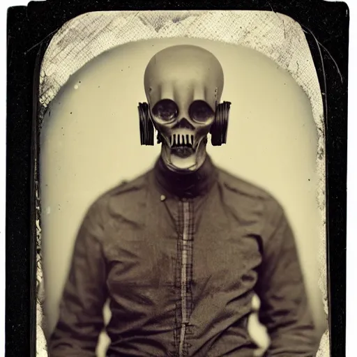 Image similar to tintype vintage photographs of aliens, cryptids, cyborgs, post apocalyptic humans, and time travelers